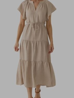 Emma And Michele Tie-Waist Tiered Midi Dress in Taupe
